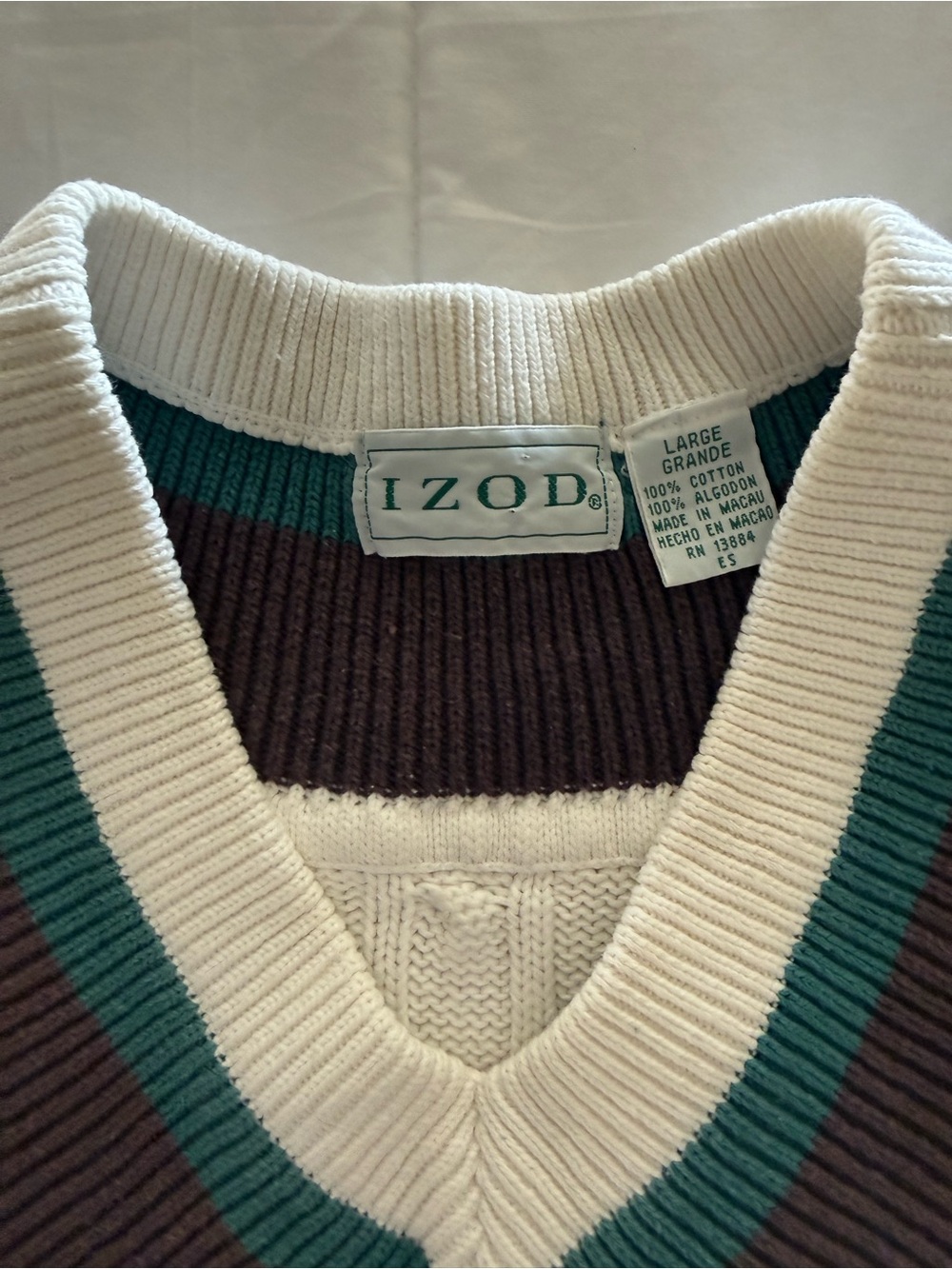 Izod Cream Cable-Knit V-Neck Sweater Vest with Brown & Teal Trim - Picture 3 of 3